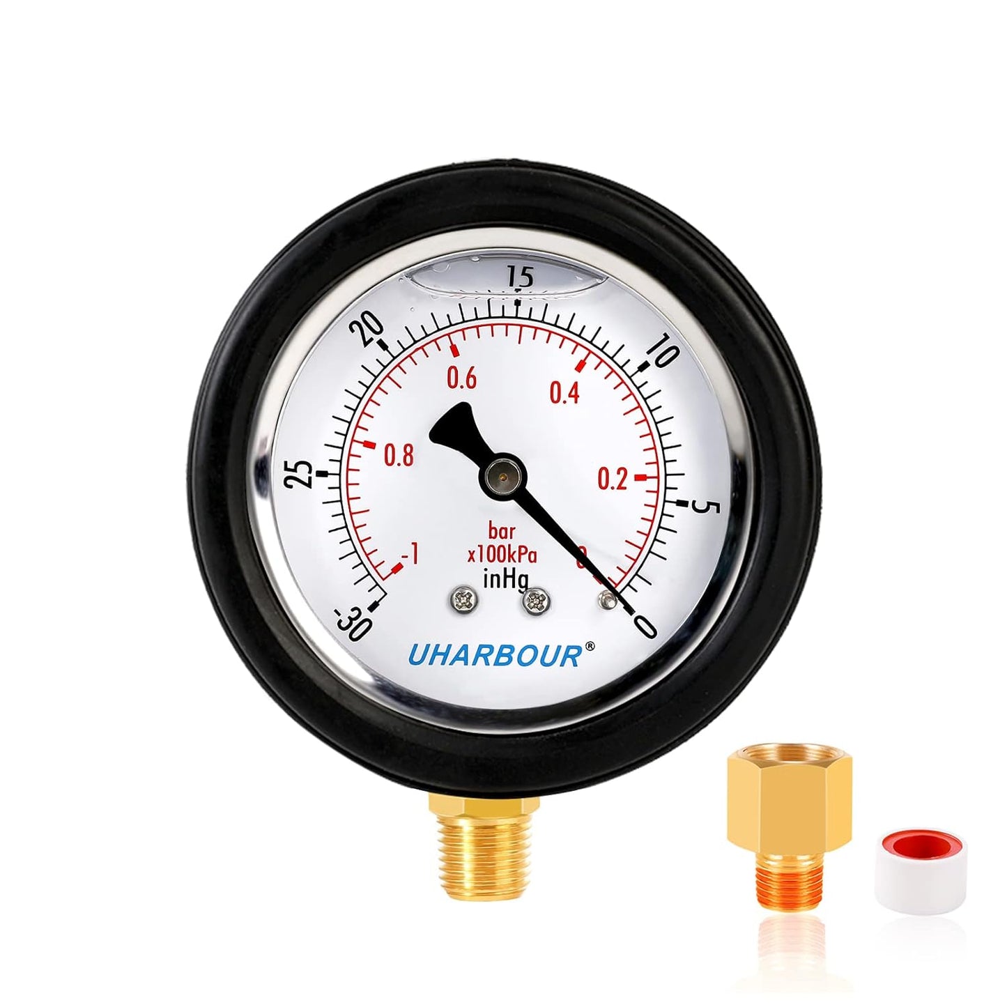 Vacuum Gauge 2-1/2" Dial Liquid Filled -30 inhg/0, Rubber Protective Case, 1/4" Brass Lower Mount, Including 1/4" to 1/8" Thread Adapter and Teflon Tape