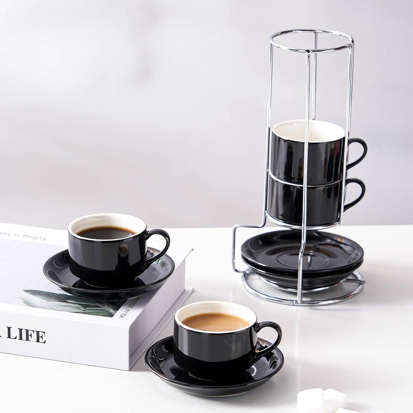2.5 Ounce Porcelain Espresso Cups with Saucers and Silver Stand, Black Stackable Cups Set of 4