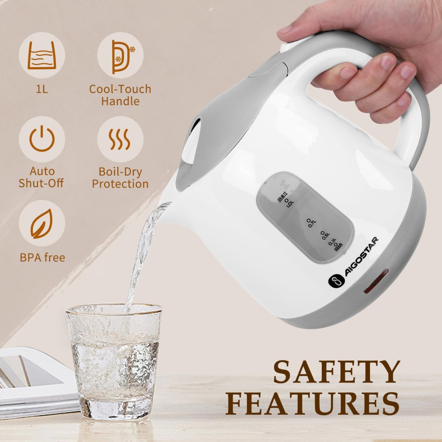 Aigostar Small Electric Kettle, 1L Portable Electric Tea Kettle 1100W with Automatic Shut-Off and Boil Dry Protection, Travel Hot Water Boiler Cordless for Making Coffee and Tea, BPA-Free, Grey