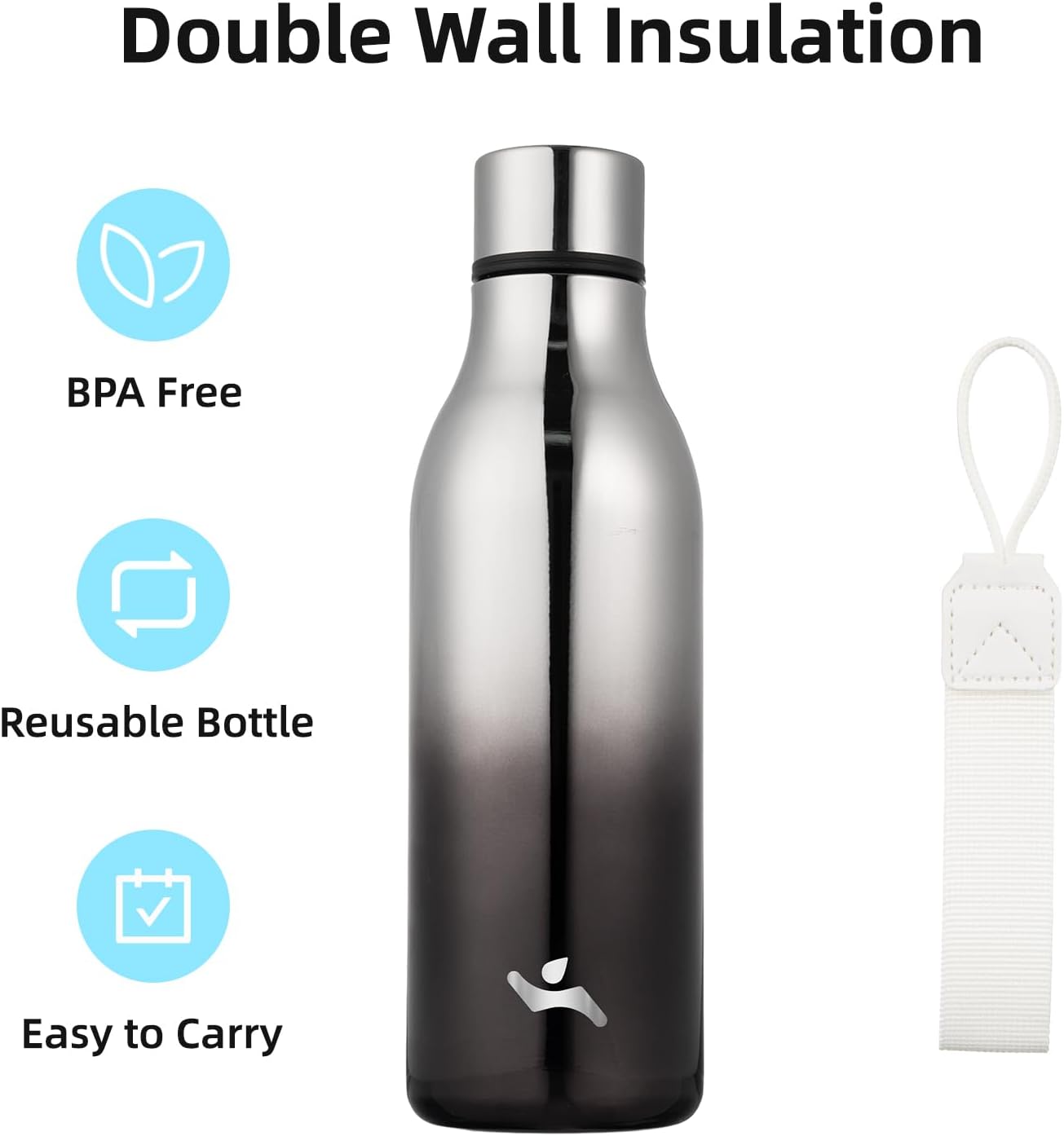 Insulated Water Bottle with Strap,18 oz Double Wall Stainless Steel Vacuum Bottles Metal Water Flask,Silver Miner