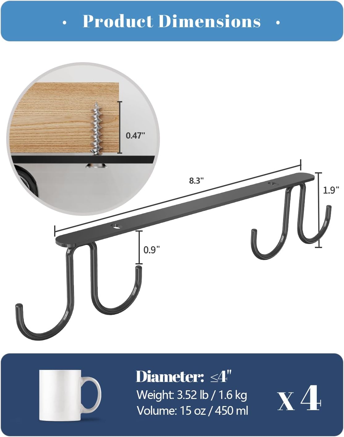 Mug Hooks Under Cabinet 3 Pack, Metal Cup Hooks for Hanging Under Shelf, Mug Organizer Rack with 12 Hooks for Displaying Mugs, Coffee Cups and Kitchen Utensils, Black