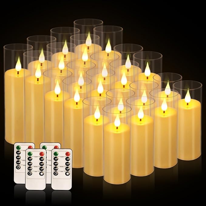 Set of 24 Flameless Led Battery Opeated (D2.2'' x H5''6''7'') Realistic Moving Wick Candles with 10-Key Remotes and Cycling 24 Hours Timer