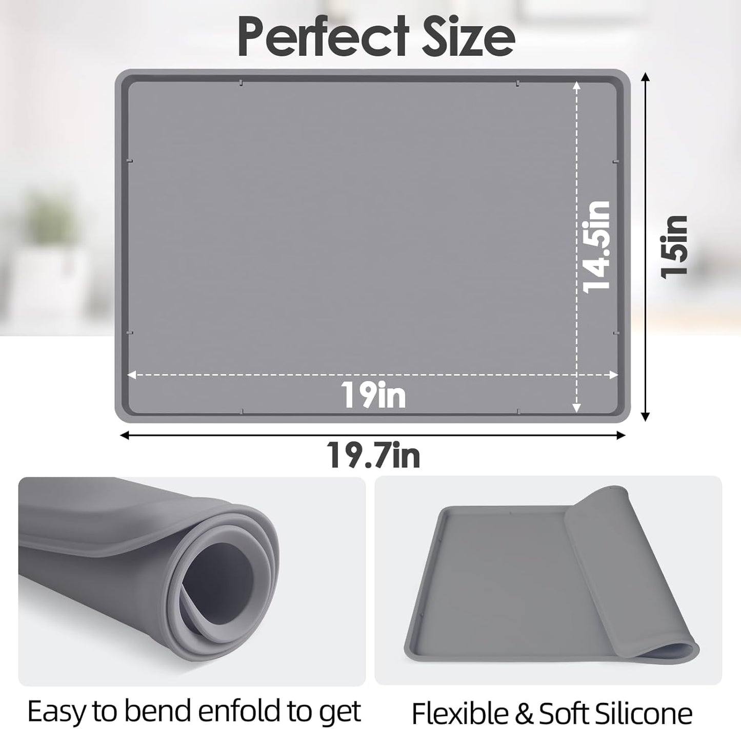 TOHONFOO Silicone Coffee Mat with Lip, 19.7'' x 15'' Heavy Duty Bar Mat, Coffee Tray for Countertop Fit Under Machine Pot Espresso Machine, Grey