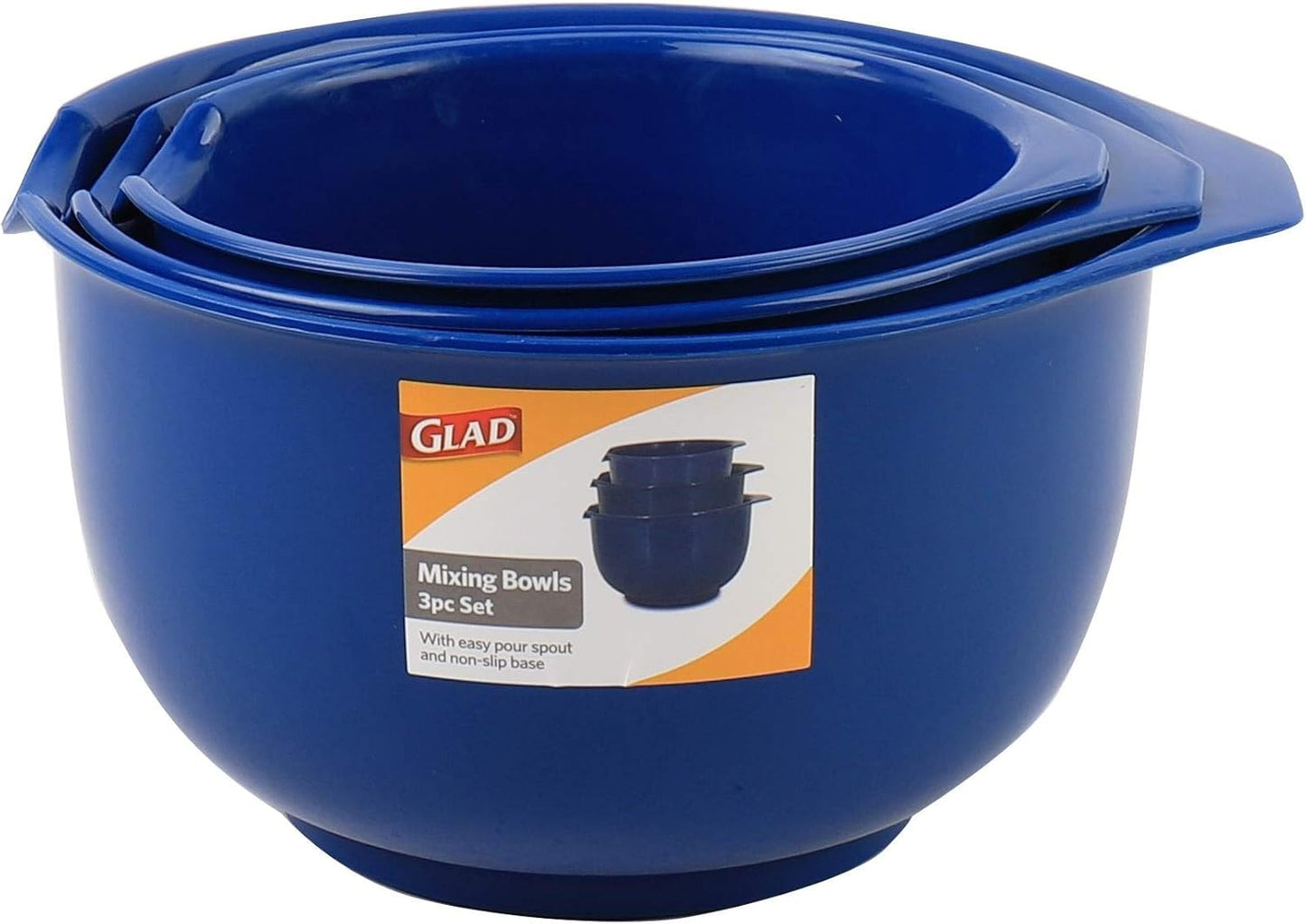GLAD Mixing Bowls with Pour Spout, Set of 3 Nesting Design Saves Space Non-Slip, BPA Free, Dishwasher Safe Plastic Kitchen Cooking and Baking Supplies, Blue
