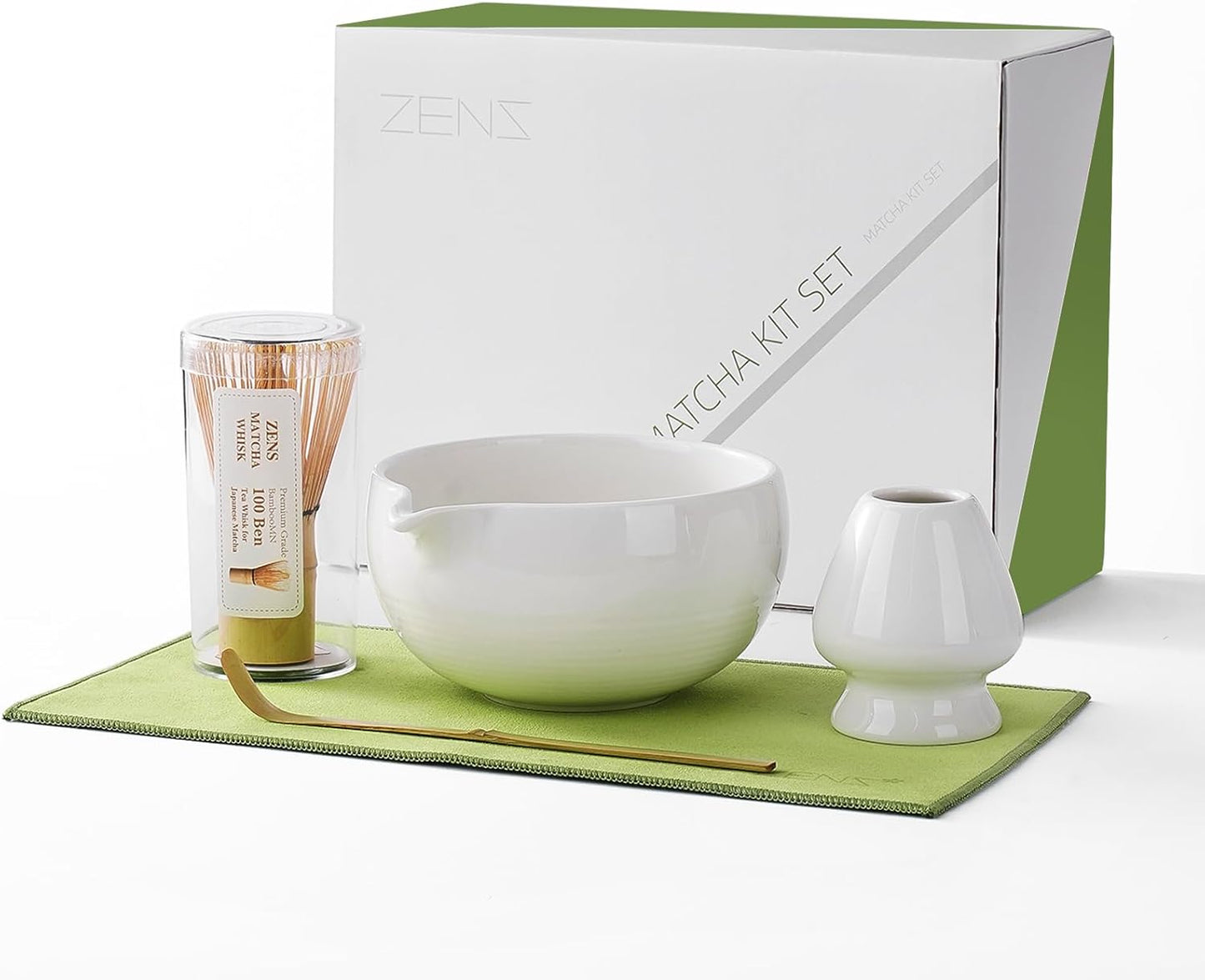 ZENS Matcha Whisk Set, 15oz Ceramic Matcha Bowl with Spout and Bamboo Whisk, Whisk Holder (Chasen), Scoop & Tea Towel, 5pcs Matcha Tea Kit Gift for Matcha Lovers, White