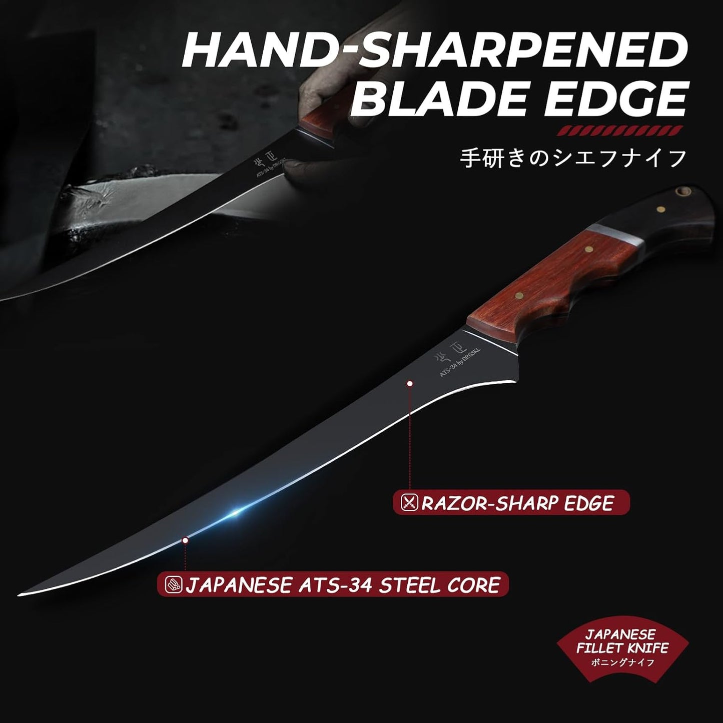 Fish Fillet Knife 7inch - Black Meat Slicing Knife in High Carbon Steel, Boning Knives for Meat Poultry Chicken Trimming, Fish Knives with Wooden Handle, Gift for Men