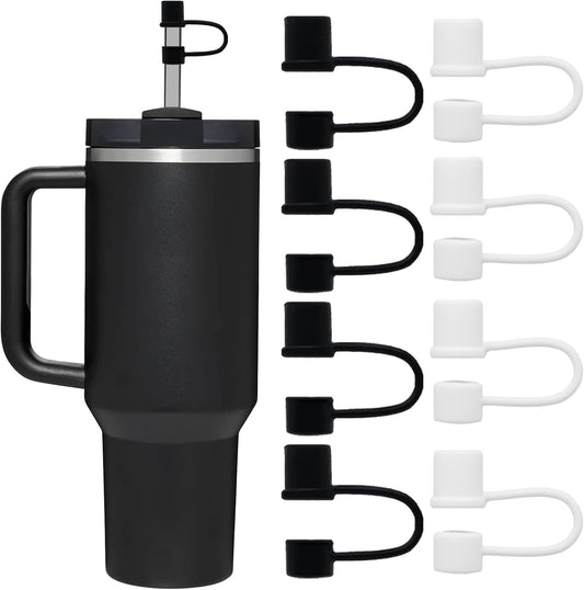 Straw Toppers for 10mm/0.39inch Diameter Straw Cover, compatable for Stanley/Owala Tumblers, Food Grade Silicone. (4Pcs-White+4Pcs-Black)