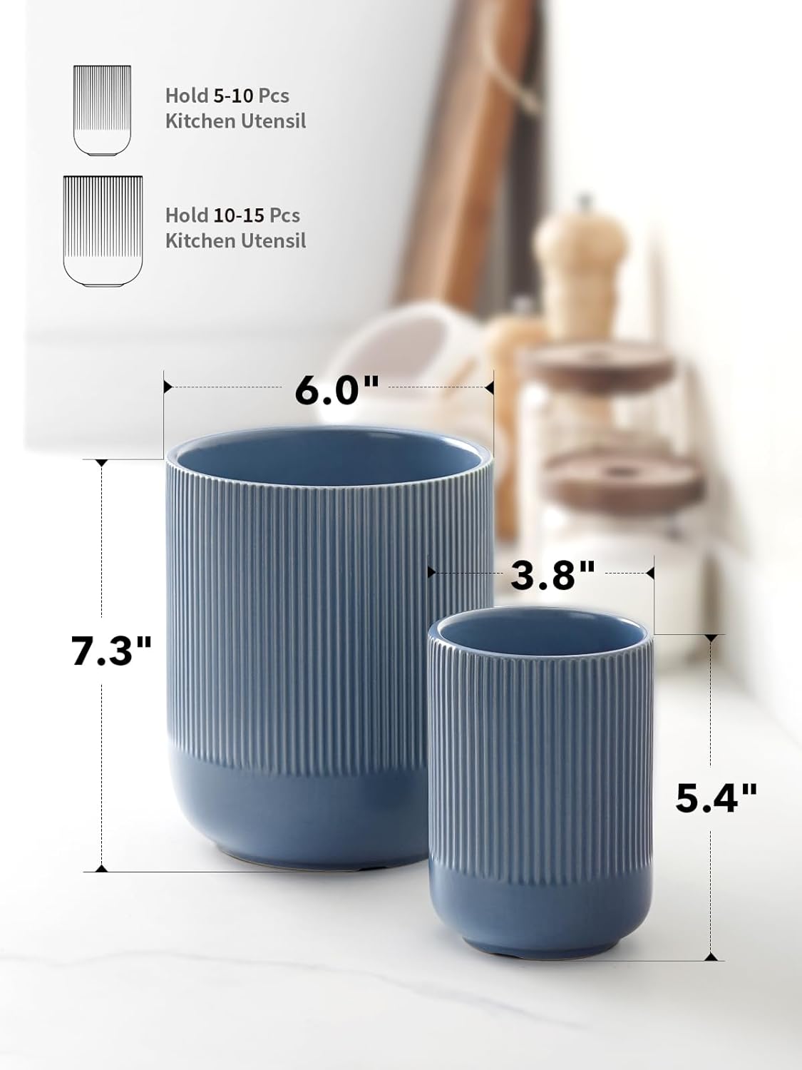 LE TAUCI Utensil Holder, 7.3"+5.4" Ceramic Kitchen Utensil Holder for Countertop, Large Cooking Utensil Crocks for Kitchen Counter, Morden Utensil Organizer for Spatula, Set of 2, Dusty Blue