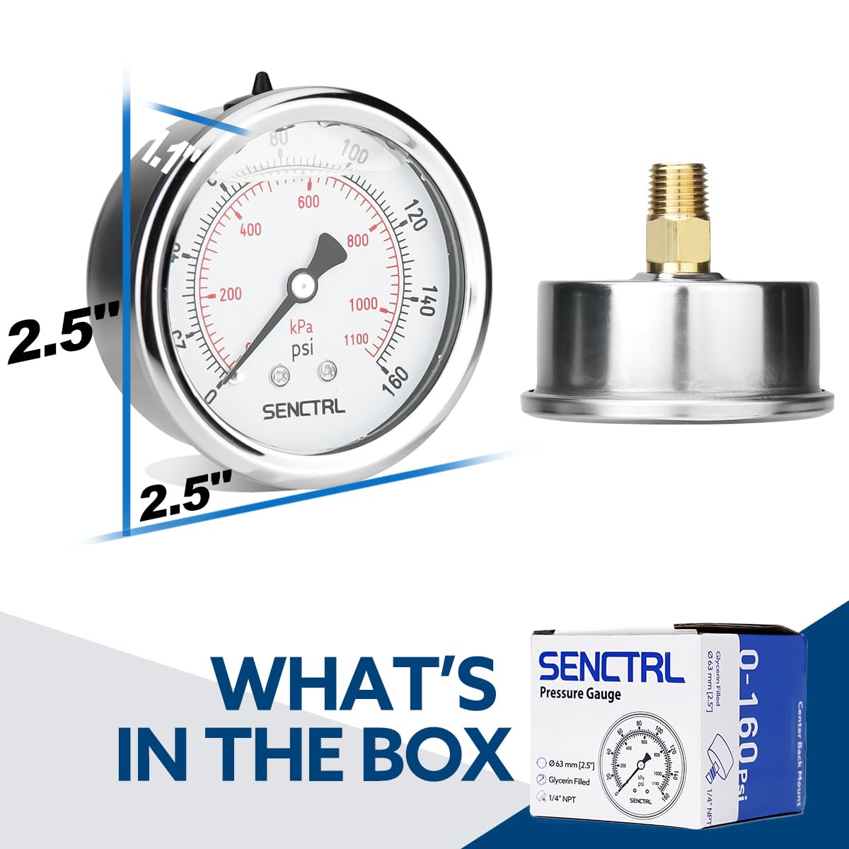 SENCTRL 0-160 Psi Glycerin Liquid Filled Air Pressure Gauge, 2.5" Dial Size, 1/4" NPT Back Mount, Stainless Steel Case, for Water Pump, Tire, Large Air Compressor, Well, RV Regulator Pressure Test