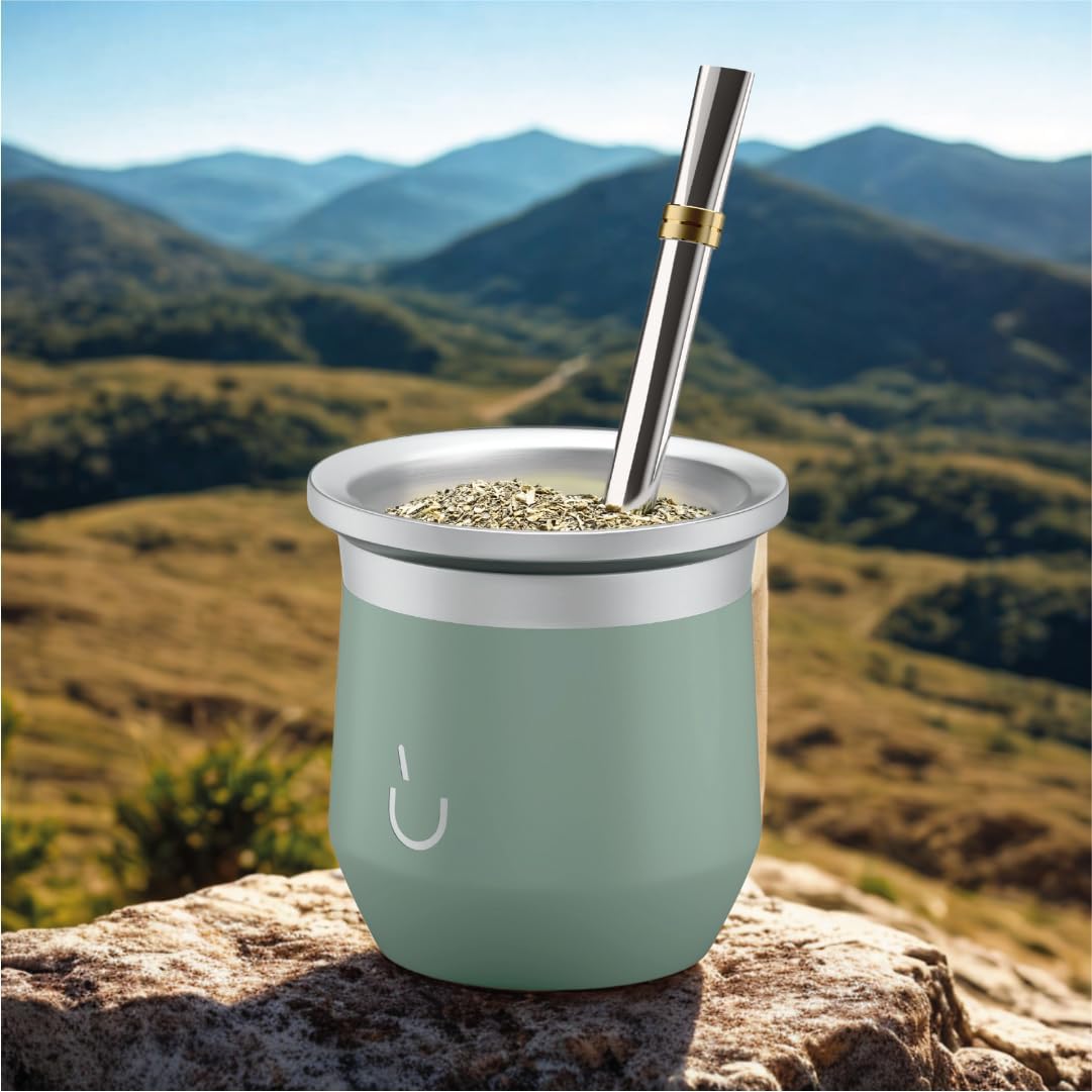 BALIBETOV Yerba Mate Cup – Vacuum Insulated Stainless Steel Gourd with Silicone Cover & Non-Slip Base – Includes 2 Bombillas & Cleaning Brush – Unique Design, Easy to Clean
