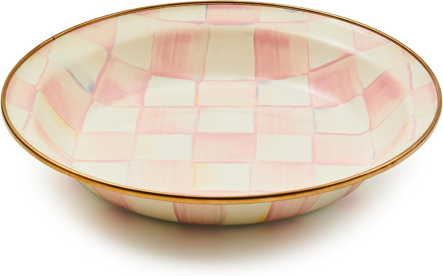 MACKENZIE-CHILDS Enamel Pie Plate, Ovenproof Pie Pan for Cooking and Serving, Pink-and-White Rosy Check