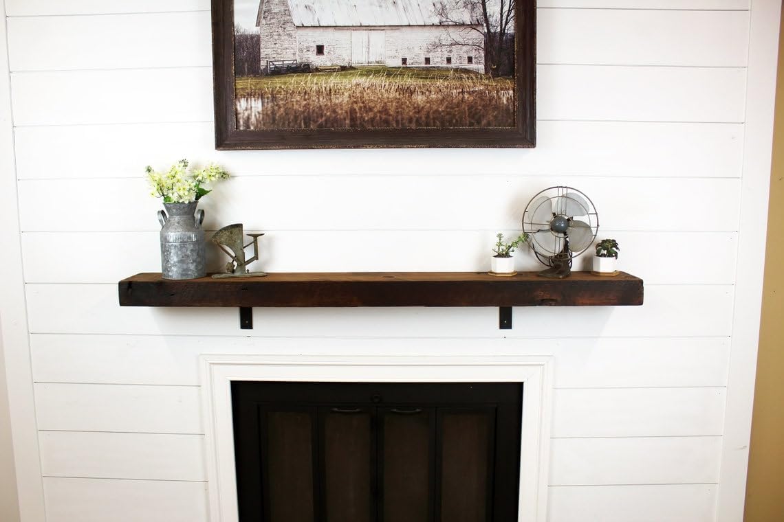 Modern Timber Craft Reclaimed Wood Fireplace Mantel Shelf | Solid Rustic American Barnwood with Steel Floating Shelf Brackets | 2.75" Thickness | 95" L x 8" D, Early American, Planed and Sanded