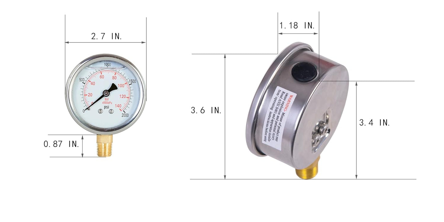 Pressure Gauge,Glycerin Liquid Filled,2.5" Dual Scale Dia,0-2000 psi/bar/kpa,1/4" NPT Male Brass Connection,Lower Mount, Stainless Steel Case,for Pneumatic,Pump,Hose,Well Tank,Gas Air Water Oil