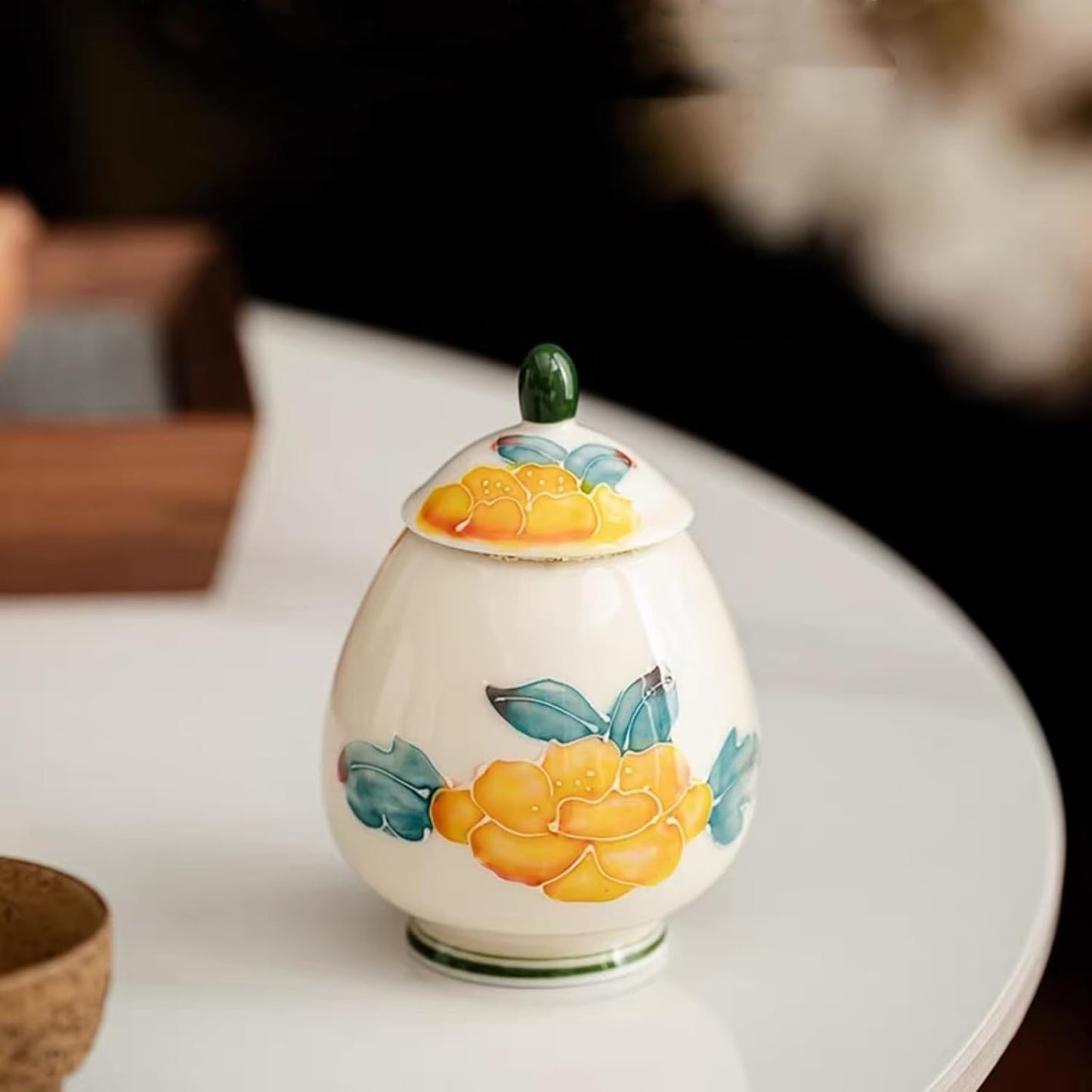 flowers Small Ginger Jar - 4 inches yellow decorative Ceramic Ginger jars with Lid， chinoiserie gift small jars for Home decor/jewelry/Tea/coffee beans/Storage