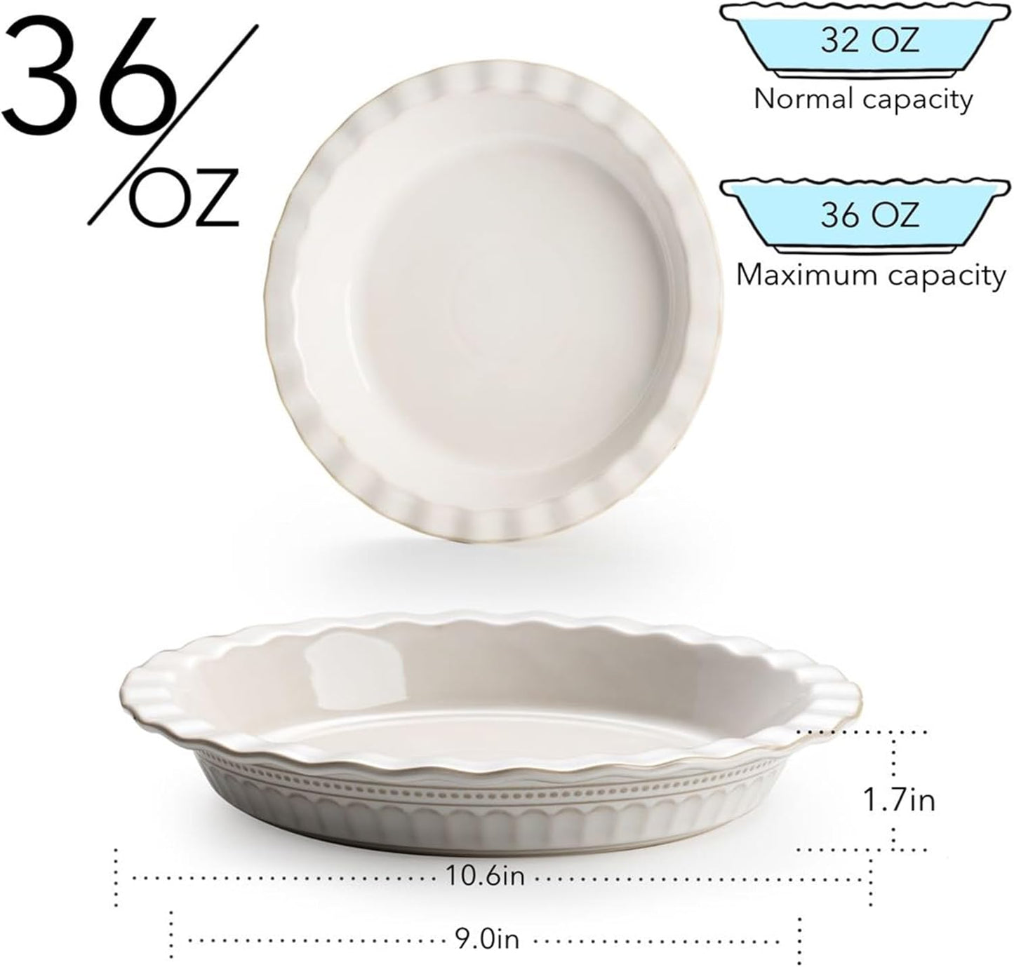 Ceramic Pie Pan for Baking, 9 inch Pie Pans Set of 2, Round Pie Dish for Dessert Kitchen, Farmhouse Vintage Color Pie Plate, Oven & Dishwasher Safe, Off-White