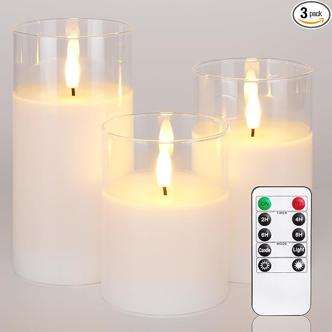 Homemory Clear Glass Flameless Candles, Pure White Wax Battery Operated Candles, LED Pillar Candles with Remote Control and Timers, D3 H4 5" 6", Set of 3