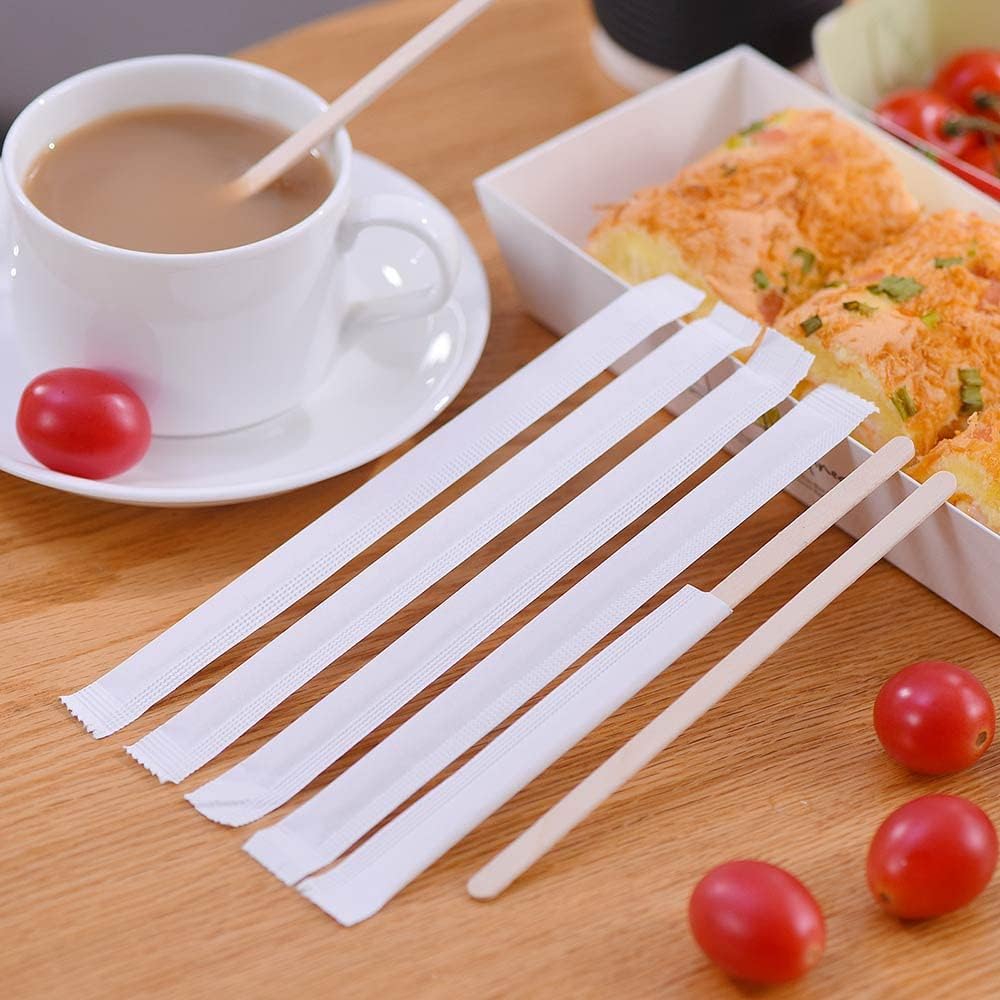 500pcs Individually Wrapped Wooden Coffee Stirrers - 5.5" Coffee Stir Sticks, Round End Disposable Stir Sticks, For Coffee, Cocktail and Hot Drinks