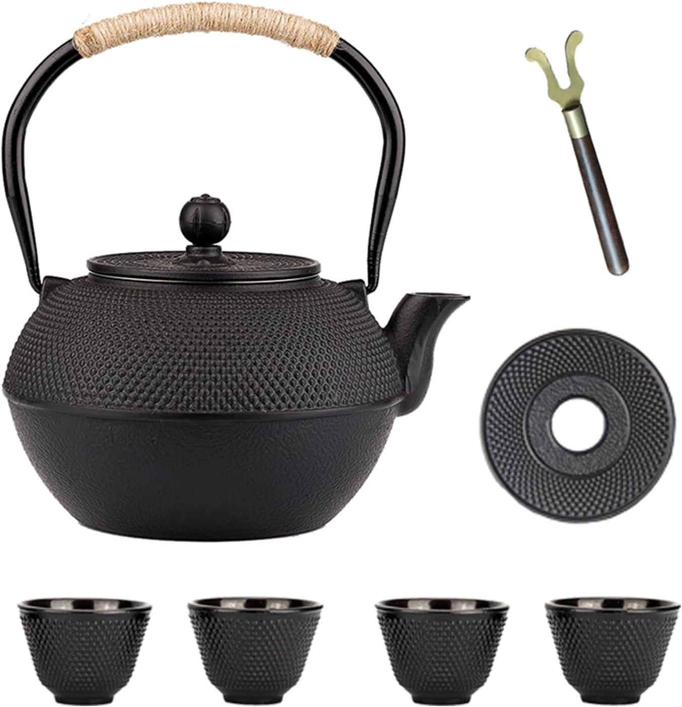 YJX Cast Iron Tea Pot Set, Japanese Tetsubin, 40.6oz Tea Kettle for Stovetop, Black Teapot with Stainless Steel Infuser for Loose Leaf Tea, 1200ml Small Asian Tea Set with Teacups