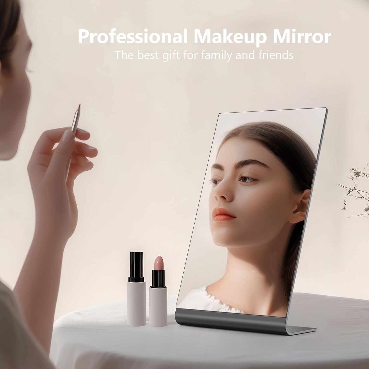 Rectangular Makeup Mirror for Desk, 12 inch Aluminum Free Standing Table Mirror, Bathroom Counter Mirror, Space Black