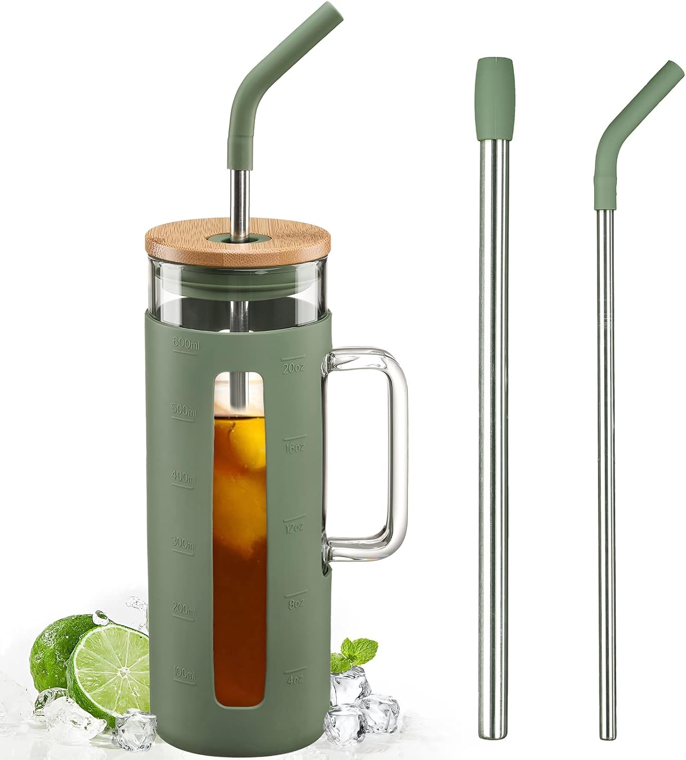 Kodrine Tumbler with Lid and Straw, 20 oz Glass Coffee Tumbler with Handle, Smoothie Cup with Bamboo Lid | Time Marker | Silicone Protective Sleeve, BPA Free - Olive