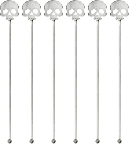 6Pcs Skull Swizzle Sticks 8.7inch Coffee Stirrers Reuseable 18/10(304) Stainless Steel Beverage Cocktail Stirrer for Bar Halloween Party Mixing Drinks