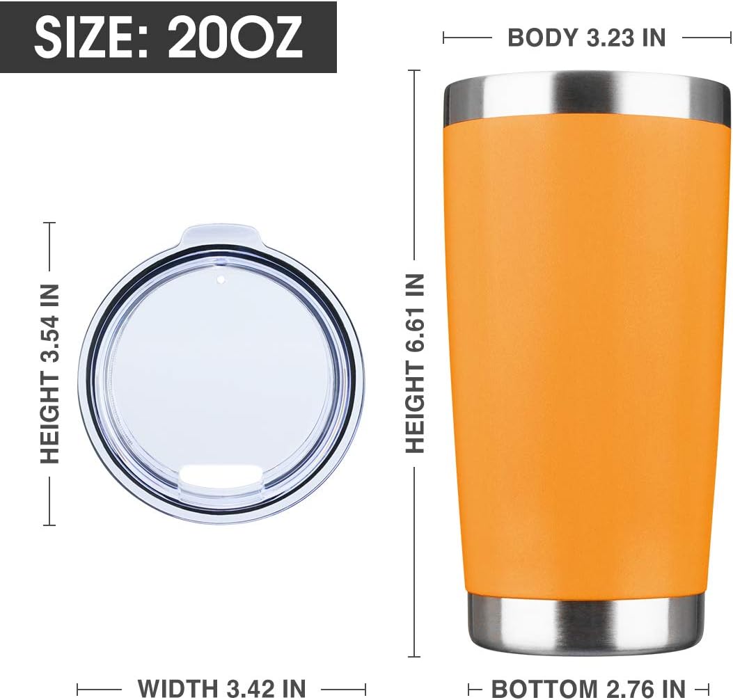 20oz Tumbler Bulk Stainless Steel Vacuum Insulated Tumblers with Lid Double Wall Travel Mug, Durable Powder Coated Coffee Cup, Suitable for Ice Drinks and Hot Beverage (Orange 1pack)
