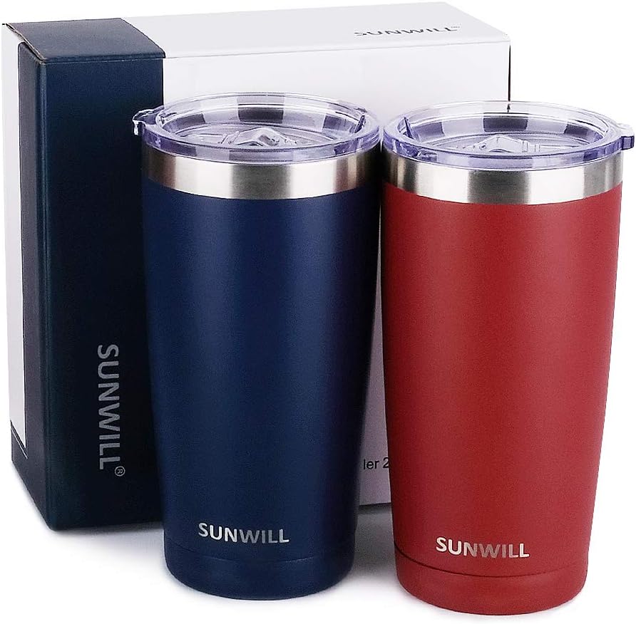 SUNWILL Travel Coffee Mug with Lid, 20 oz Tumbler Set of 2, Insulated Stainless Steel Cup for Water, Tea, Powder Coated Wine & Navy