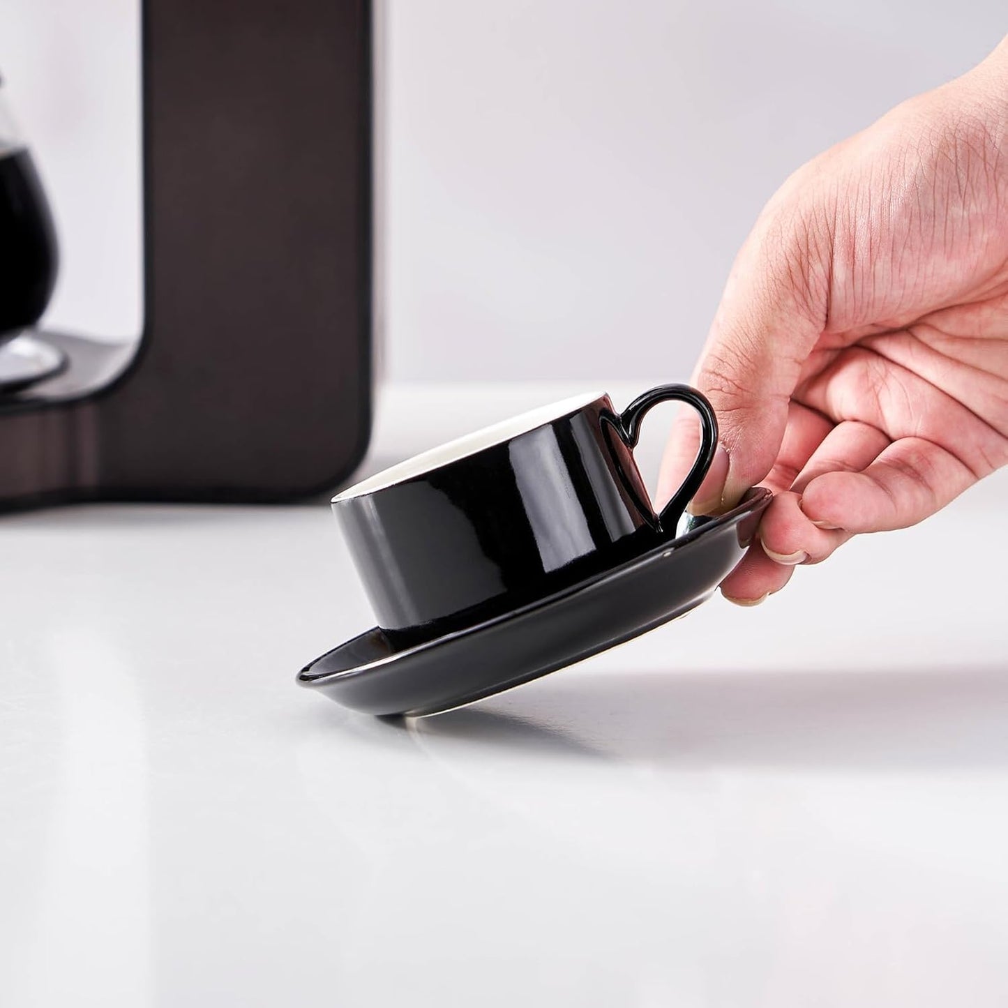 4oz Porcelain Stackable Espresso Cups with Saucers and Metal Stand Set of 4, Stackable Cappuccino Cups, Black Expresso Shots Cup Set for Coffee Drinks, Latte, Americano, Tea