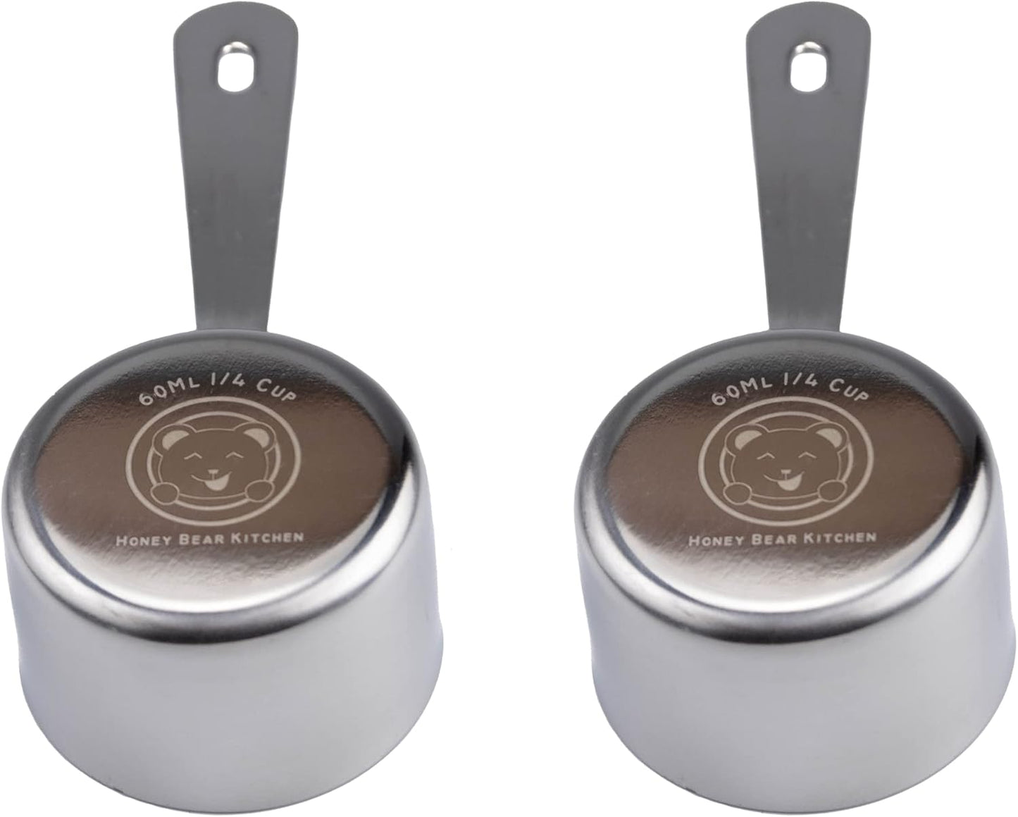 Honey Bear Kitchen 1/4 Cup 60 ml Leave-in Measuring Scoop Cups v2, Polished Stainless Steel (Set of 2)
