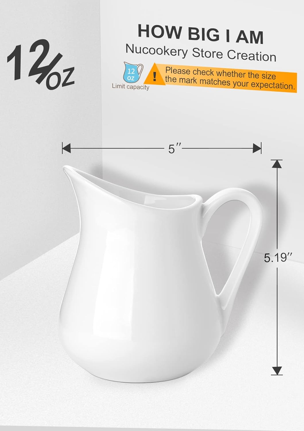 Nucookery 12 Oz Ceramic Creamer with Handle, White Coffee Milk Pitcher, Porcelain Creamer Container Holder For Sauces Salad Coffee Milk, Microwave & Freezer Safe (12-Ounce, Set/1)
