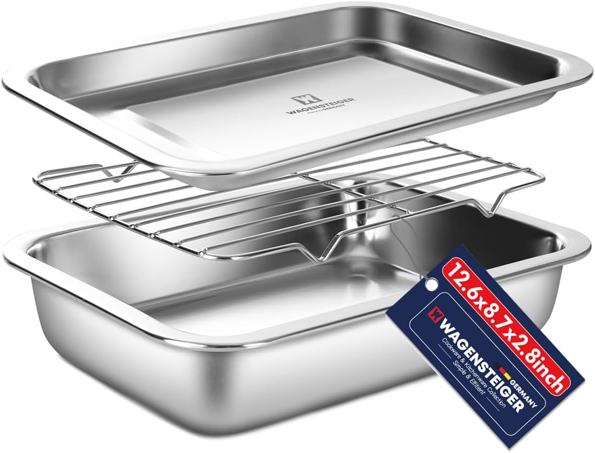 Stainless Steel Casserole Pan or Food Prep Container with Rack & Lid (Tray), 3.5Quarts, Buffet Party Pans, Roasting Pan with Rack, Bakeware, Roaster, Oven-safe, Freezer-friendly (1306 / No6)
