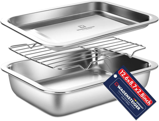 Stainless Steel Casserole Pan or Food Prep Container with Rack & Lid (Tray), 3.5Quarts, Buffet Party Pans, Roasting Pan with Rack, Bakeware, Roaster, Oven-safe, Freezer-friendly (1306 / No6)