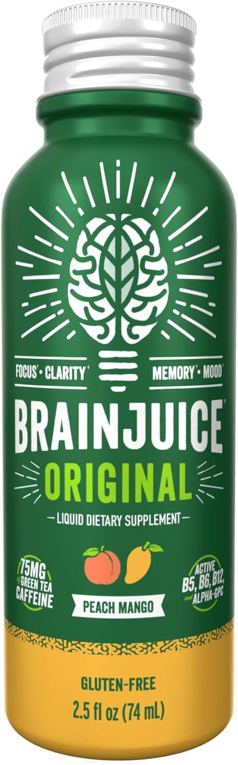 BrainJuice Focus & Energy Drink Shots, Nootropics with Alpha GPC, B Vitamins & Organic Green Tea Caffeine, Supports Focus, Memory & Clarity, Non-GMO, Gluten Free, Peach Mango, 2.5 fl oz, 12 Pack