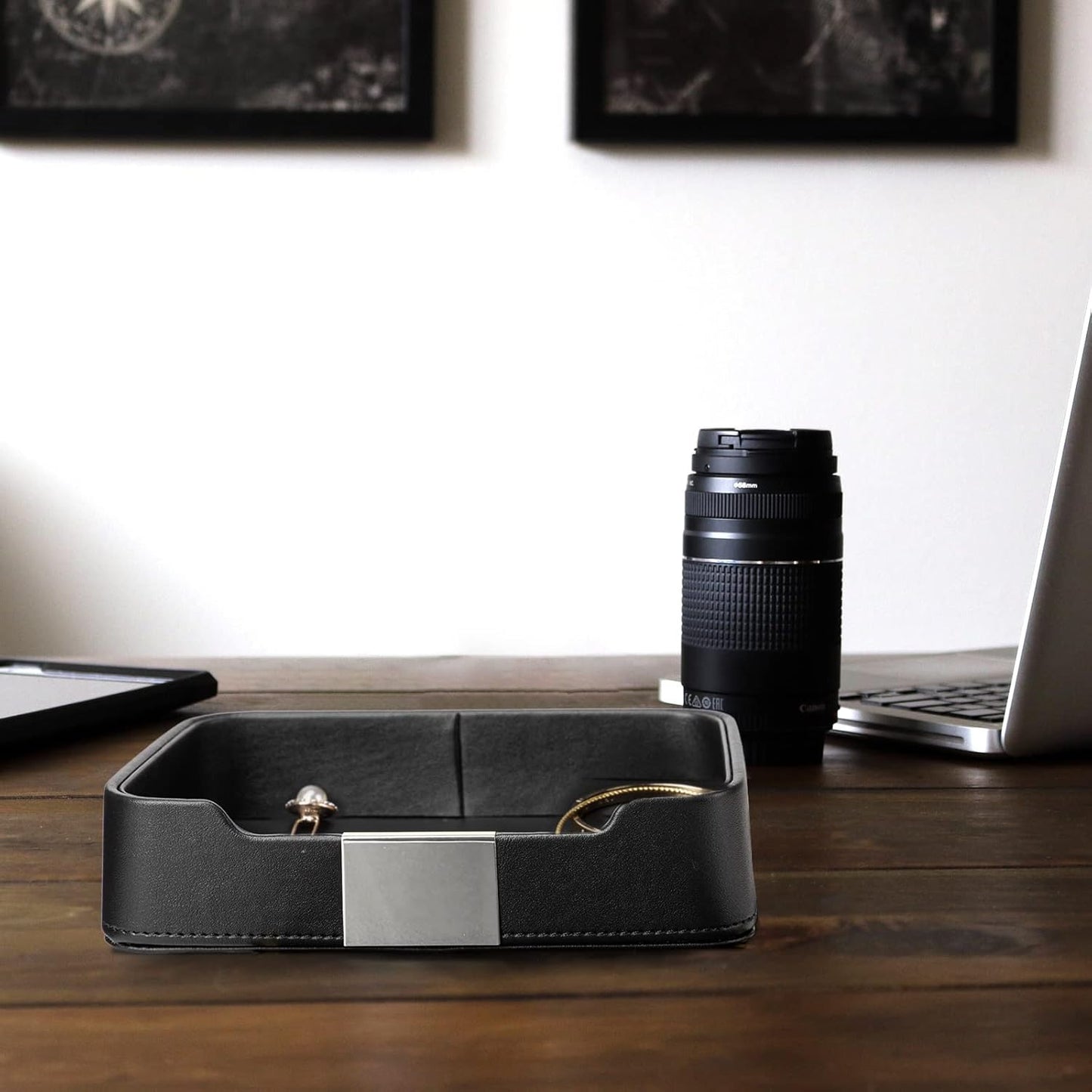 SANZIE Luxury Leather Tray Desktop Storage Catchall Organizer Decorative Tray for Entryway Table to Hold Jewelry Watch Keys Phone Wallet (Metal Silvered, Black)