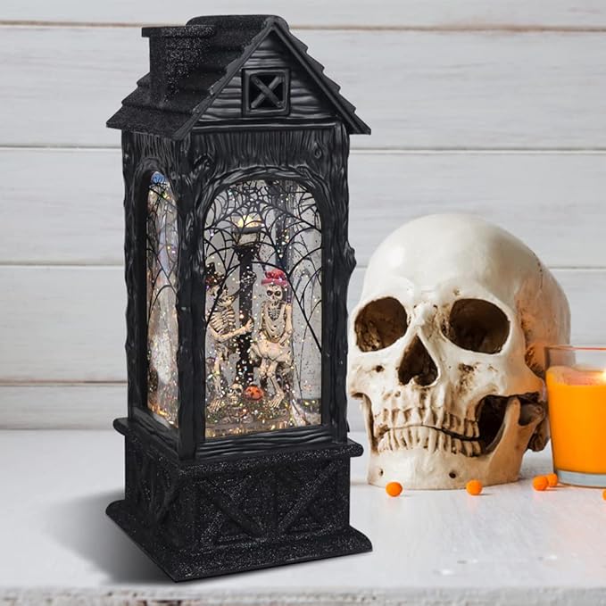 Eldnacele Halloween Ghost Projection Snow Globe Lantern with 6-Hour Timer, Lighted Plug-in & Battery Operated Water Glittering Snowing Globe Lamp for Spooky Fall Halloween Indoor Decoration(Skeleton)
