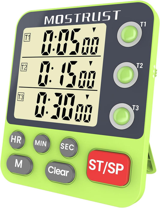 Digital Dual Kitchen Timer, 3 Channels Countdown Triple Timer for Cooking, Magnetic Memory-Preset Large-Display Adjustable Alarm Volume, Multi Times Management, 3A Battery Included, Green