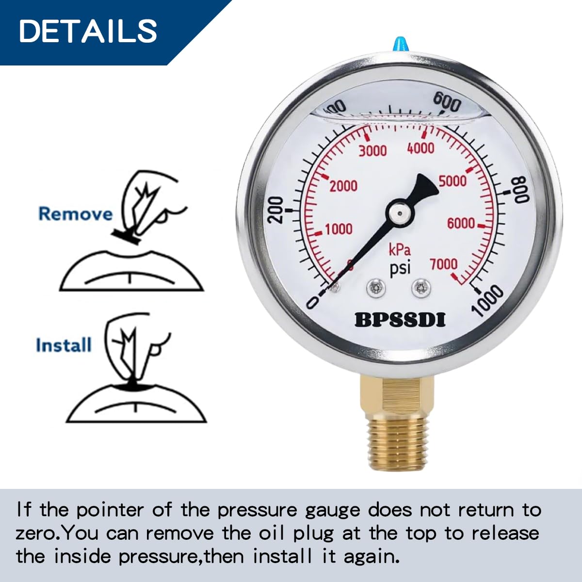 0-1000 Psi Glycerin Liquid Filled Hydraulic Pressure Gauge, 2.5" Dial Size, 1/4" NPT Lower Mount, 304 Stainless Steel Case, for Water Oil Air Gas Pressure Test