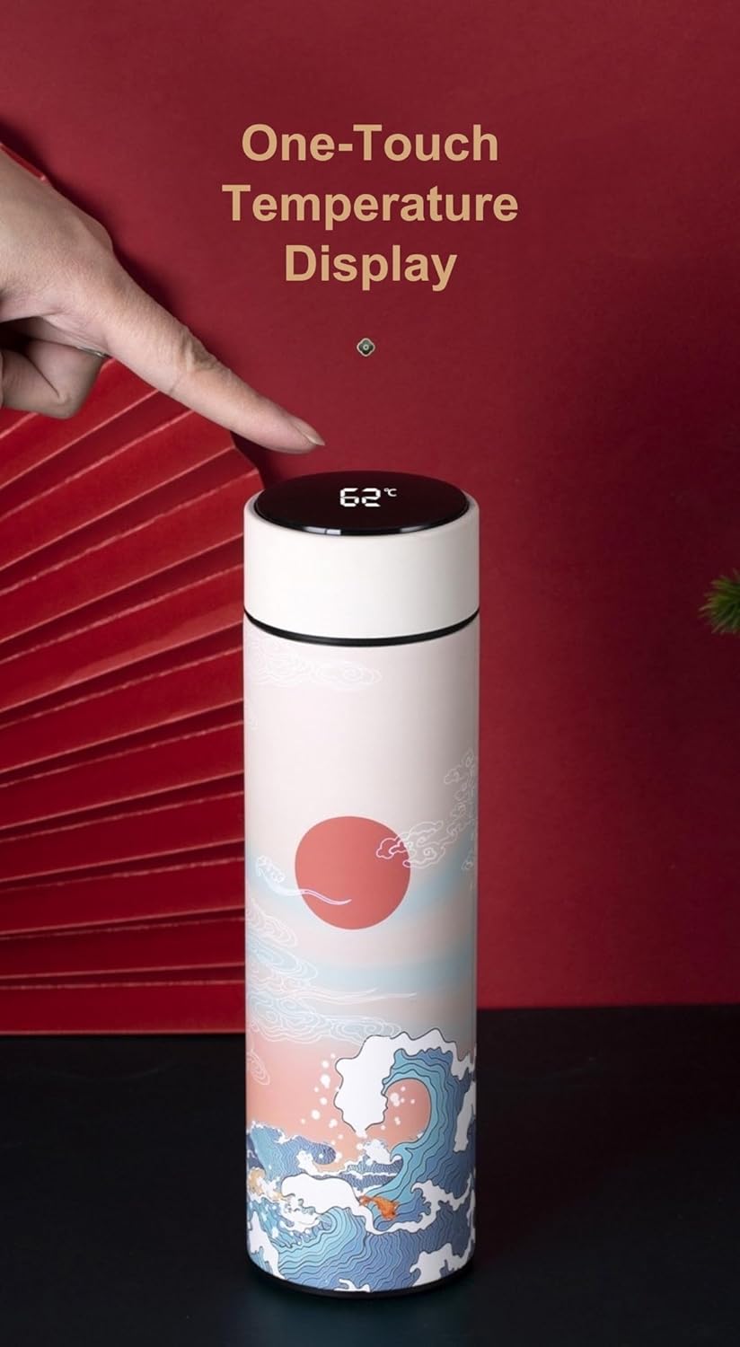 Insulated Coffee Tea Travel Thermos Mug Water Bottle with Removable Strainer and Temperature Featuring Elegant Asian Art Design - 16.9 fl oz (Teal)