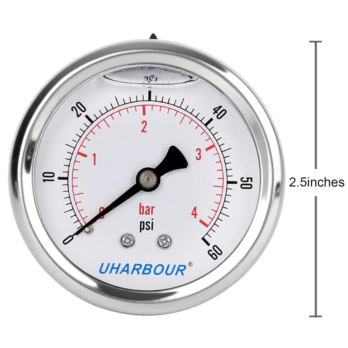 Glycerin Filled Low Pressure Gauge 60psi/4bar, Stainless Steel case, Brass Inside Construction, 2-1/2" dial, 1/4" NPT Back Connection…