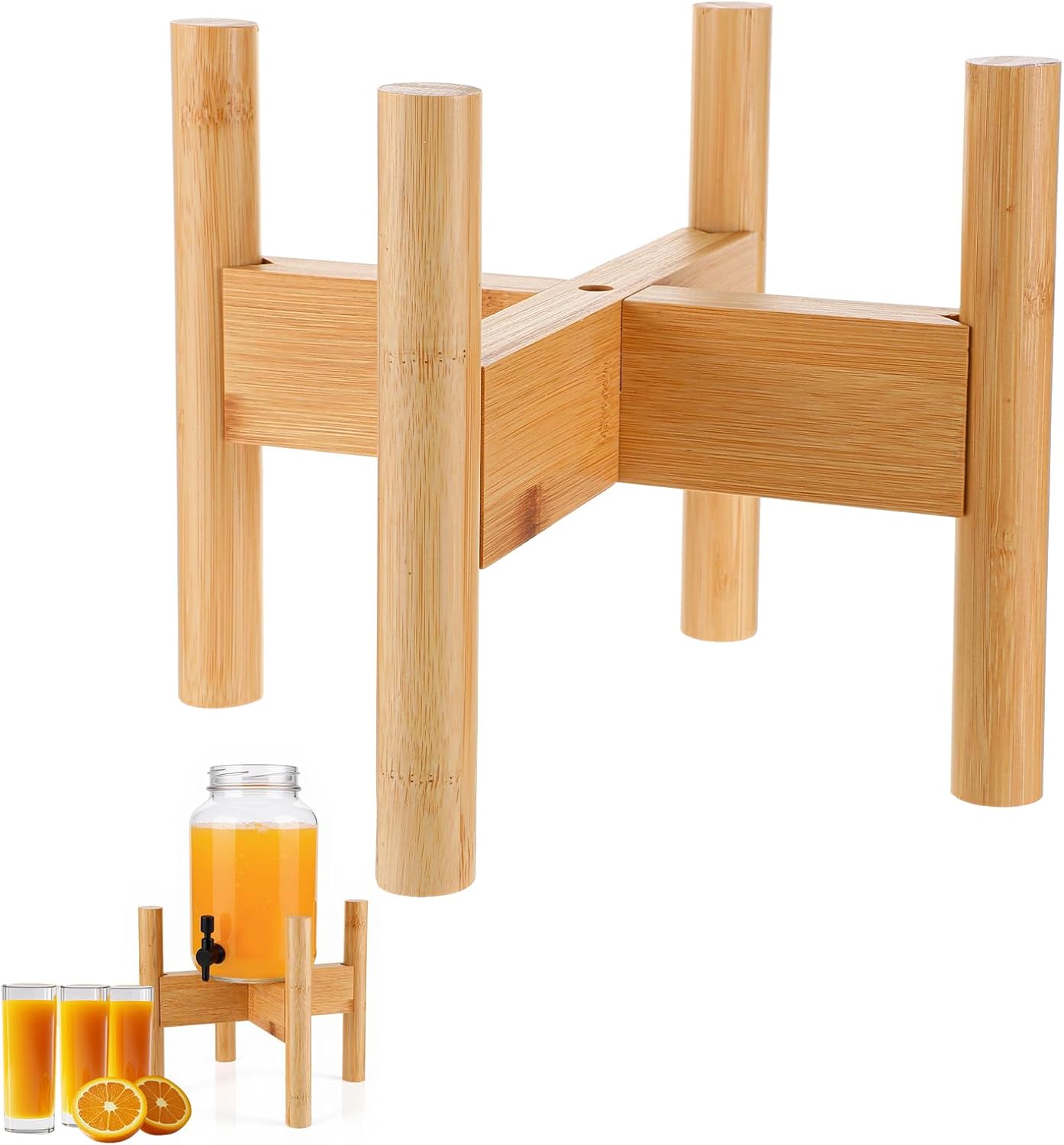 Bamboo Drink Dispenser Stand Adjustable Sideways to Fit 8-11 Inch Glass and Plastic Water Dispensers, Water Dispenser Holder for 1-2 Gallons Drinks Beverages Lemonades and Juices Jug Container
