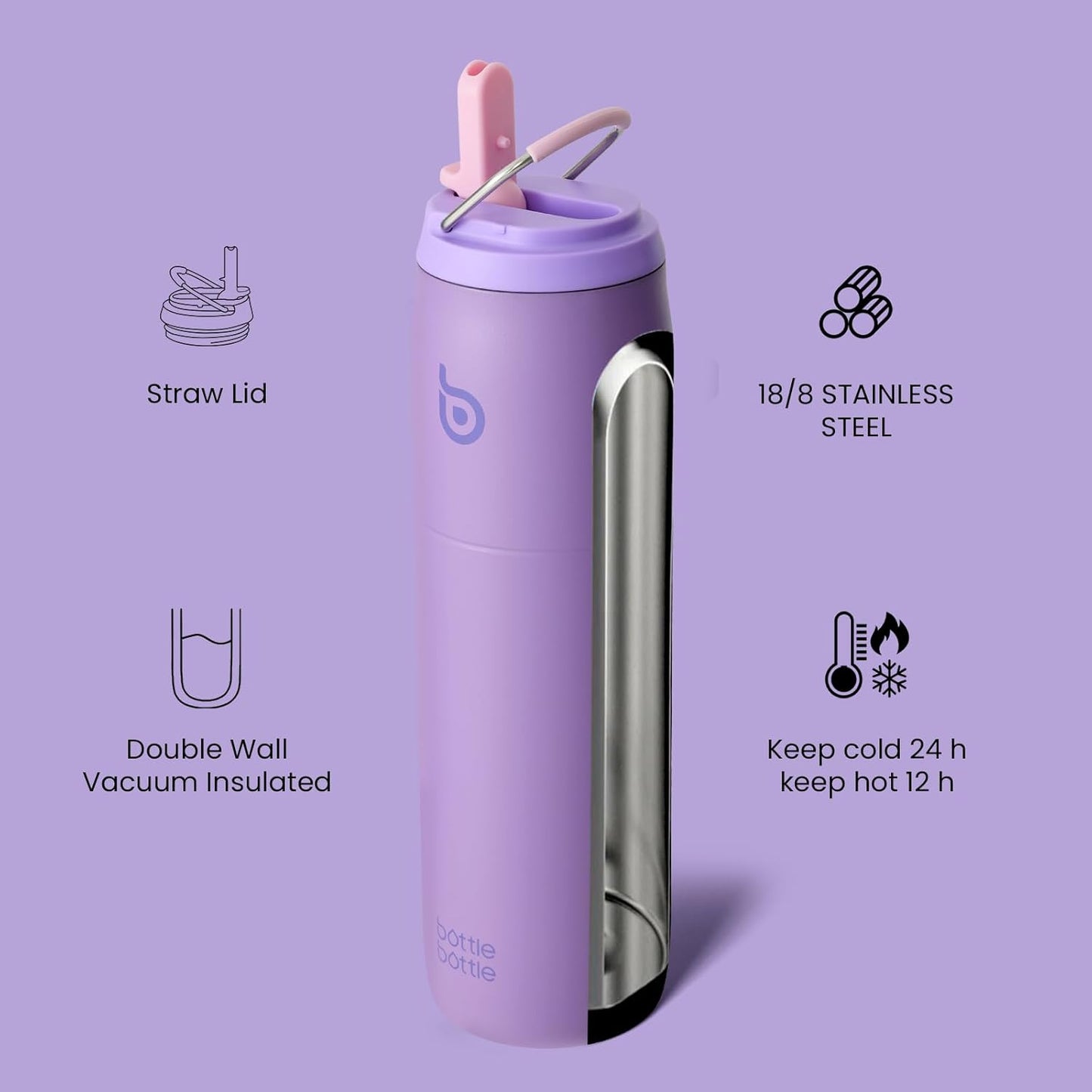 BOTTLE BOTTLE Stainless Steel Water Bottle with Straw Lid and Handle 32 oz Vacuum Insulated Cup for Sports Travel Gym Hiking, Leak-Proof Wide Mouth Water Bottles for Men and Women,violet