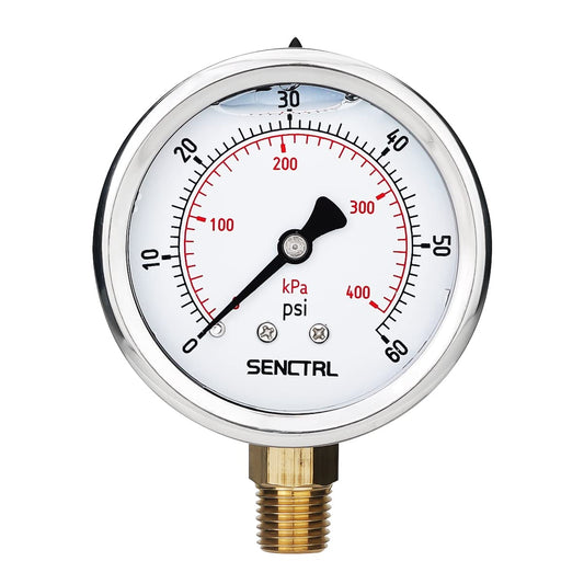 SENCTRL 60 Psi Glycerin Liquid Filled Low Pressure Gauge, 2.5" Dial Size, 1/4" NPT Lower Mount, Stainless Steel Case, Pool Sand Filter Water Pump Tire Water Oil Air Pressure Test