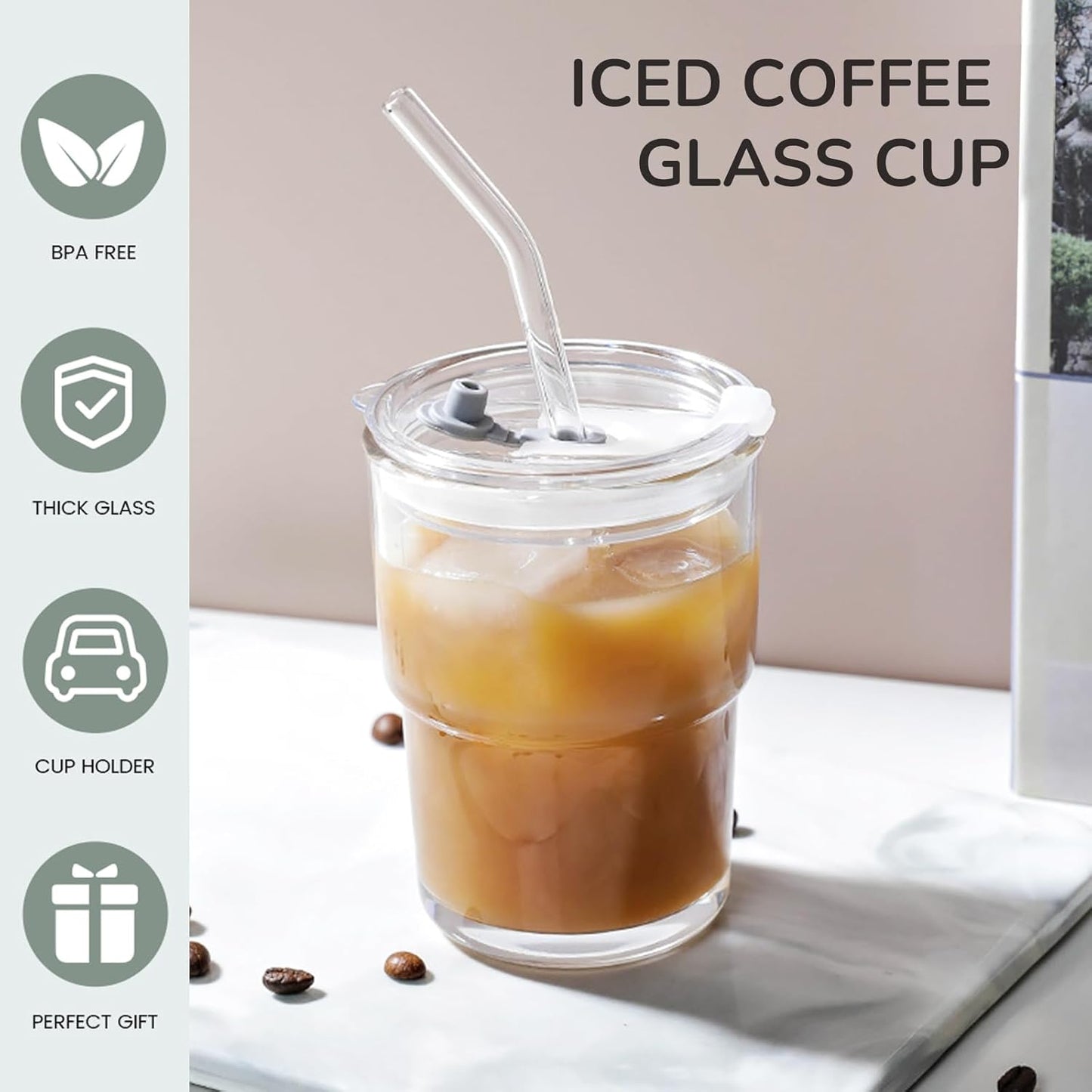 2PCS Glass Cups With Lids And Straws, Iced Coffee Cup,15Oz/450ml Iced Coffee Glasses Tumbler, Thick Wall Glass Mug For Tea Water, Matcha Cup Chirstmas Gifts (Clear, 2PCS)