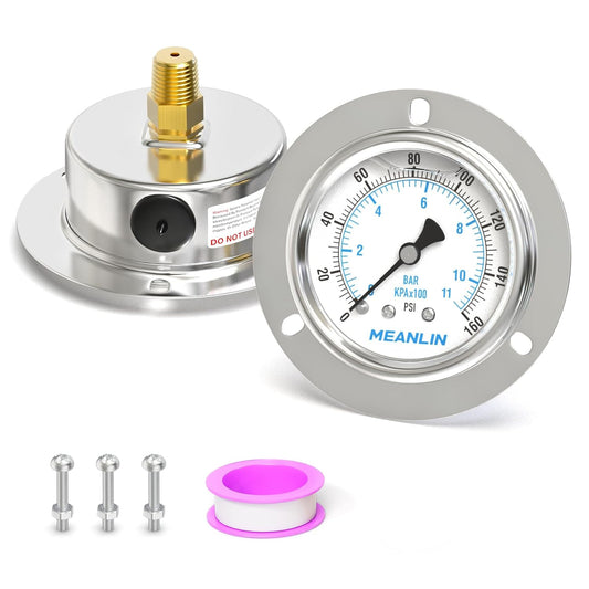 MEANLIN MEASURE 0~160Psi Liquid Filled Pressure Gauge Front Flange Panel Mount, 1/4" NPT 2.5" FACE DIAL Stainless Steel Case with Phillips Screw and Nut, +/-3-2-3%