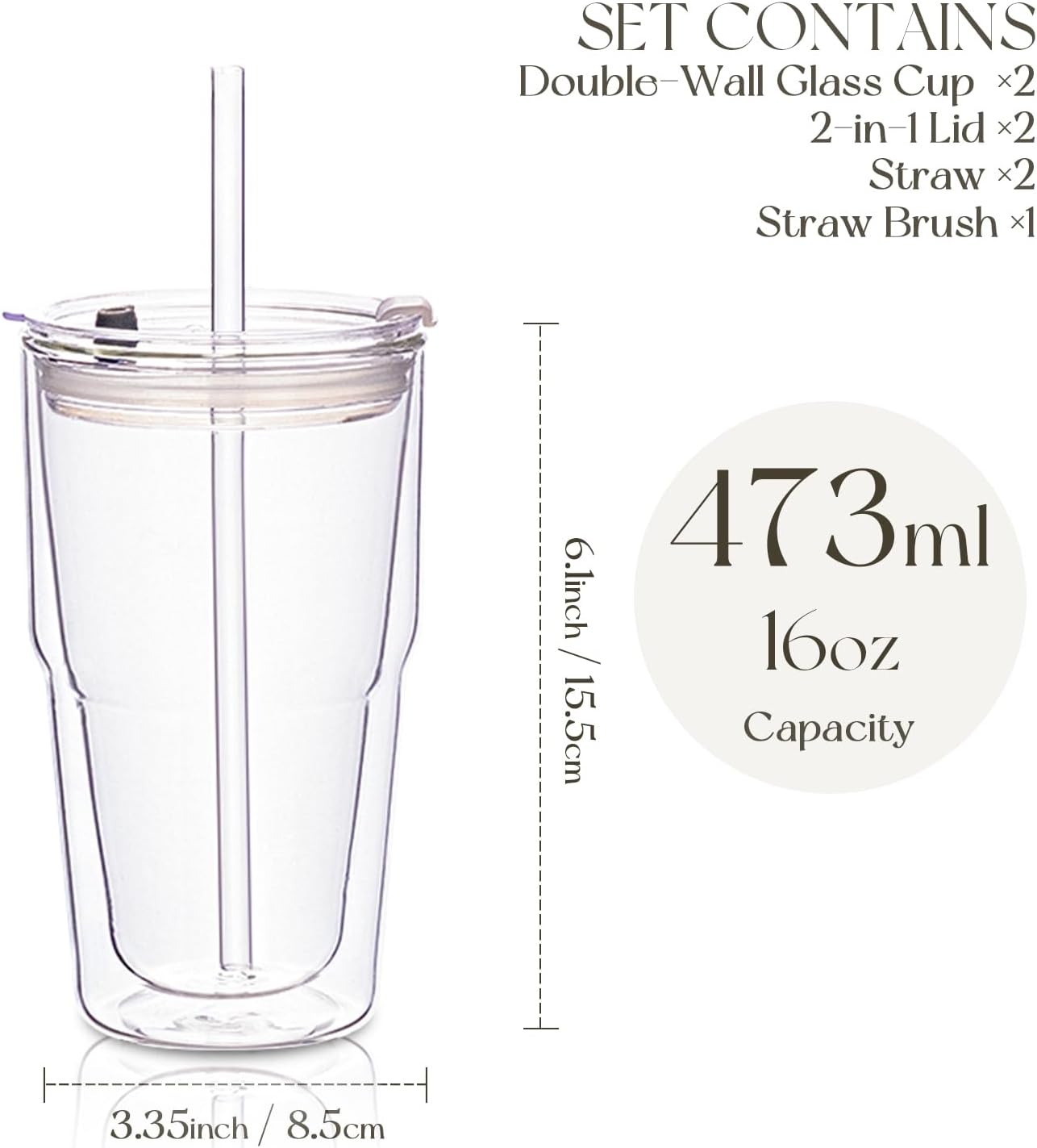 KEMORELA 2 Pack Double Wall Borosilicate Glass Tumblers with Lids and Straws, 16oz Insulated Iced Coffee Cups, Reusable Smoothie and Boba Drinking Glasses, Dishwasher Safe