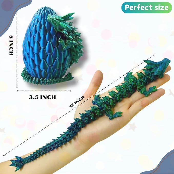 POIVOCF3D Printed 12” Articulated Crystal Dragon Inside 5.1” Egg – Fantasy Collectible, Fidget Toy & Stocking Easter Basket Stuffers for Home & Office Decor (Laser Blue)