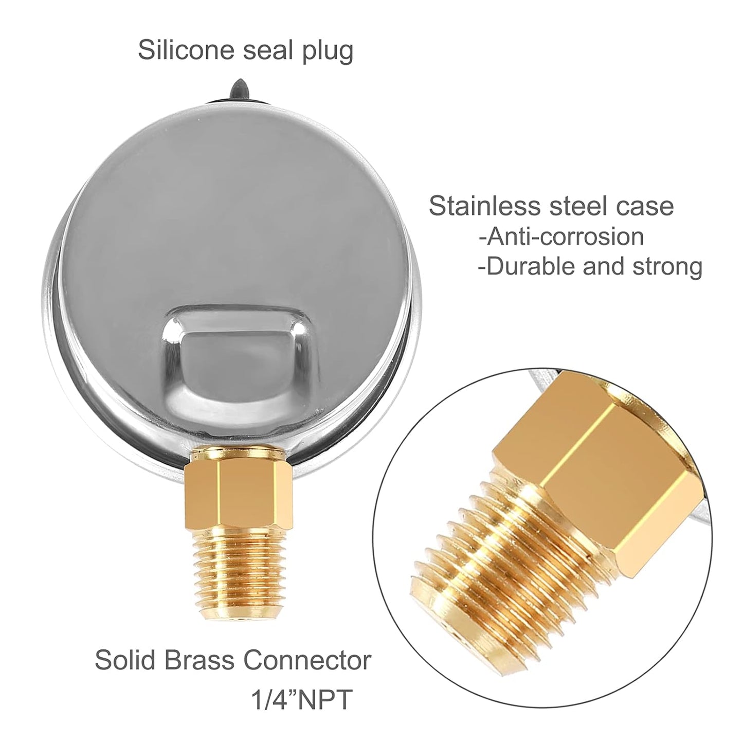 Glycerin Filled Vacuum Pressure Gauge, 2-1/2" Clear dial,1/4" NPT Bottom Connection, Stainless Steel Case, Brass Movement, Dual Scales -30HG/30PSI