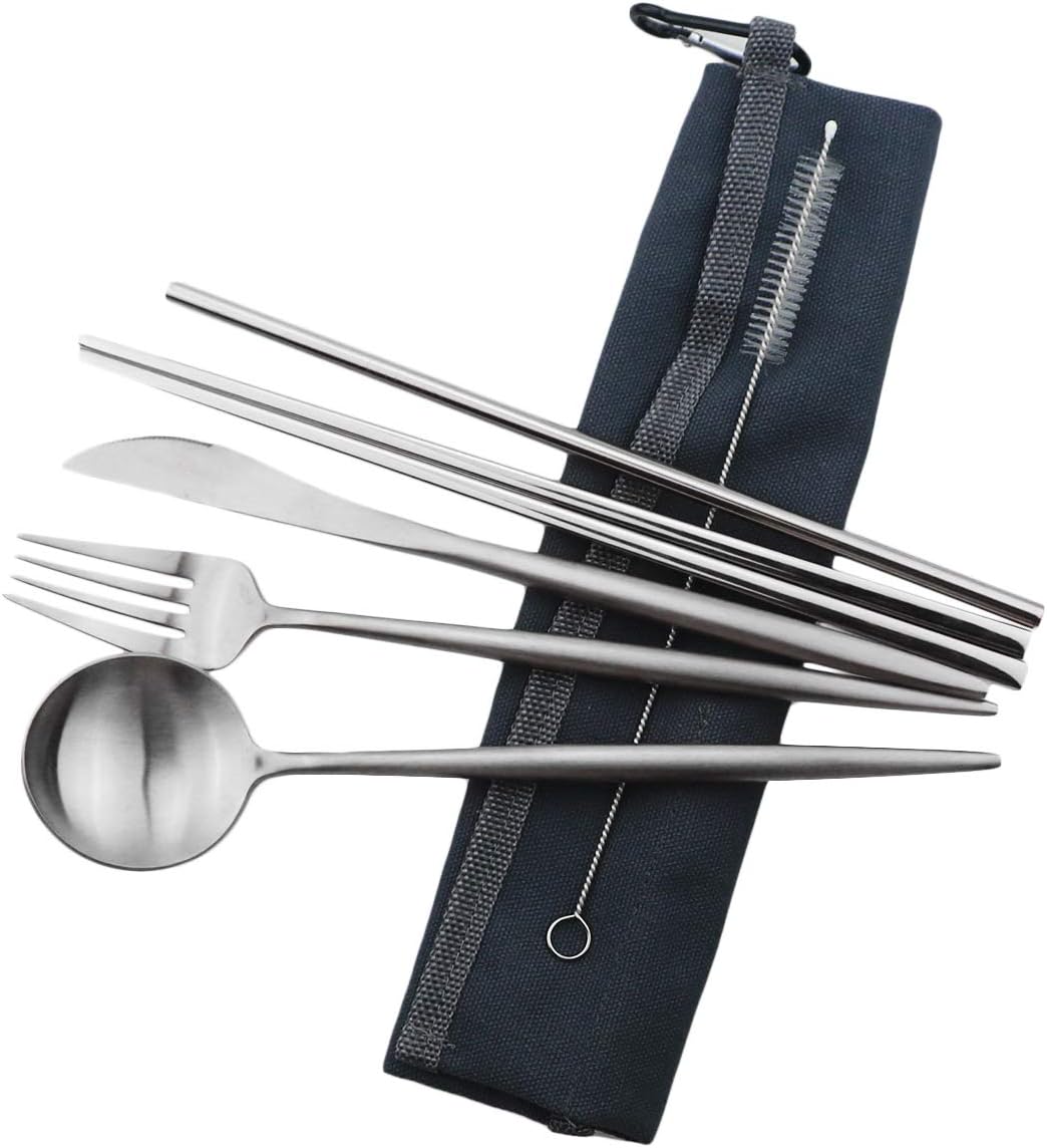 Gugrida Reusable Travel Utensils, 7 Pieces Portable 18/10 Stainless Steel include Knife Fork Spoon Chopsticks Cleaning Brush Straws Portable Pouch, Eco-friendly Camping Silverware Set, Dishwasher Safe