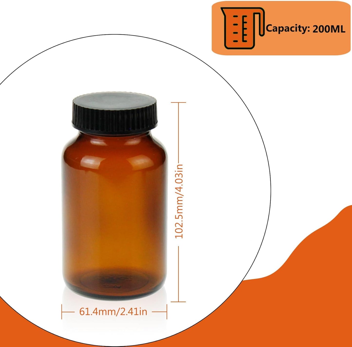 Wide Mouth Packer Bottle, Amber Glass, 200 ML (6.7 OZ) Capacity with 45-400 Black Polyethylene Screw Cap Lined PE Septa, Package of 24 Units