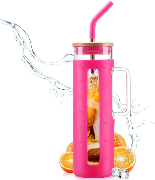 Kodrine 24 oz Glass Tumbler with Handle, Iced Coffee Cup Boba Smoothie Cup, Bamboo Lid Home Office Tumbler, Rose Red